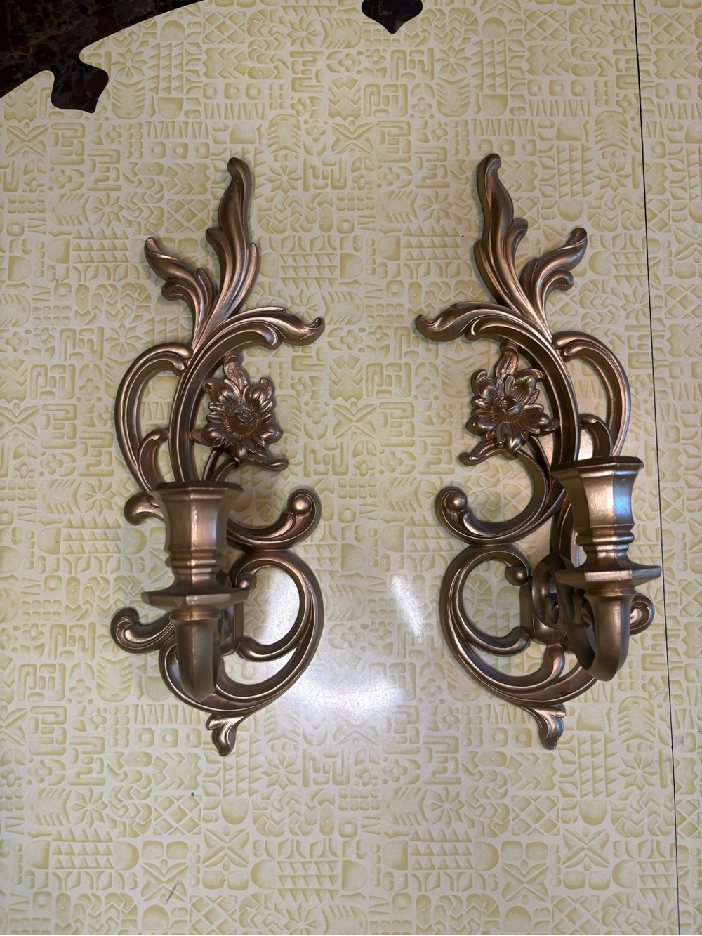Vintage Ornate Bronze Floral Wall Candle Holders - Pair